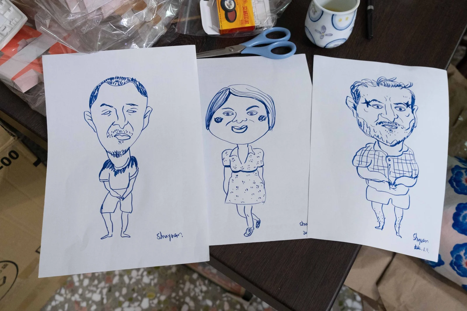 淑媛が描いた似顔絵。左から私、Kayo、そしてKayoの夫Derek